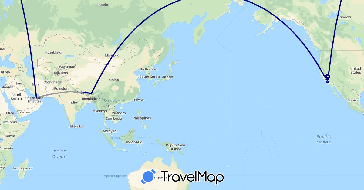 TravelMap itinerary: driving, plane in United Arab Emirates, Bhutan, India, Nepal, United States (Asia, North America)